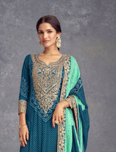 Rama Chinon Bandhani Embroidered  Kurti With Sharara Dupatta